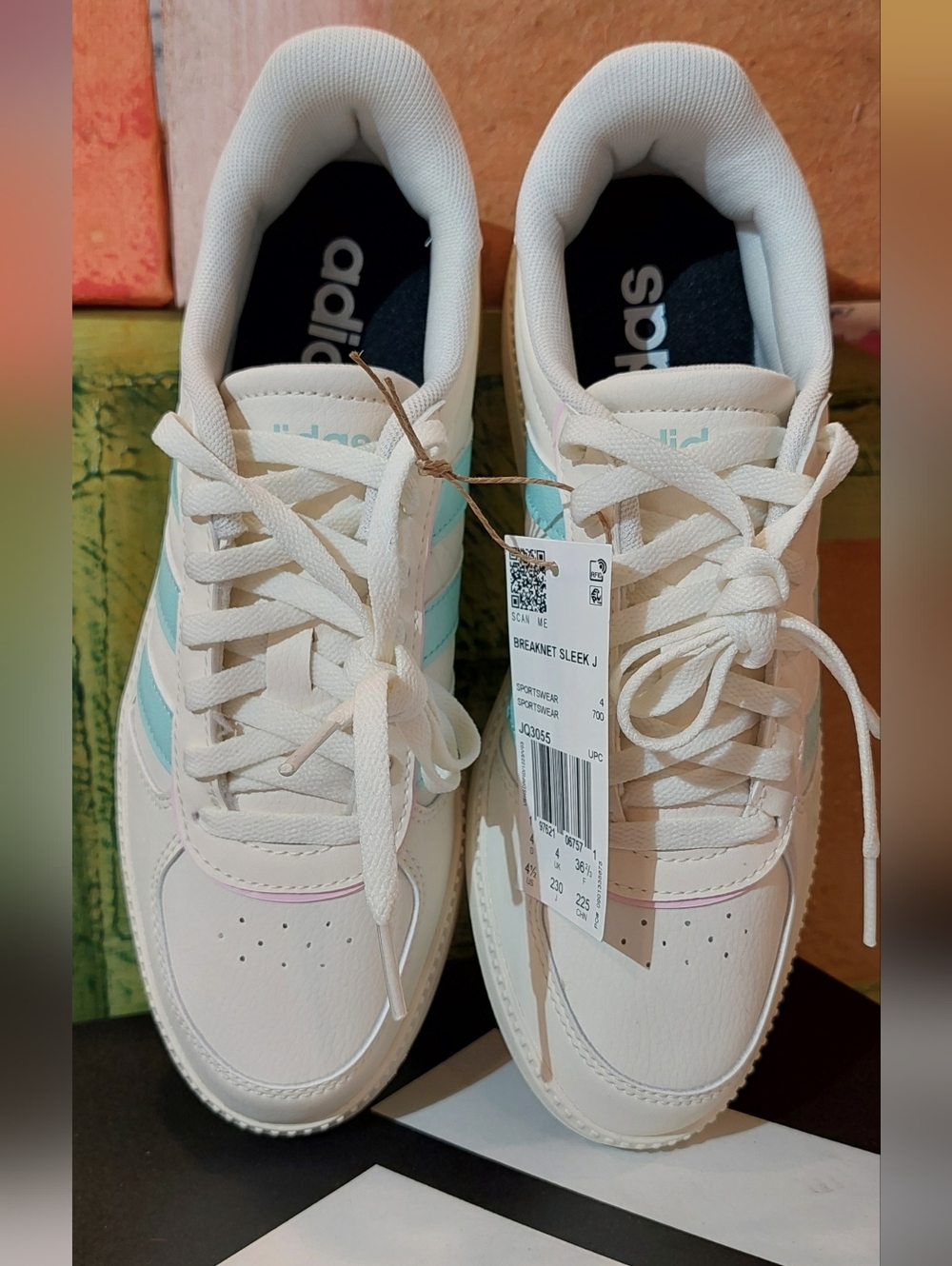 adidas White Sneakers with Light Blue Stripes and Pink Accents